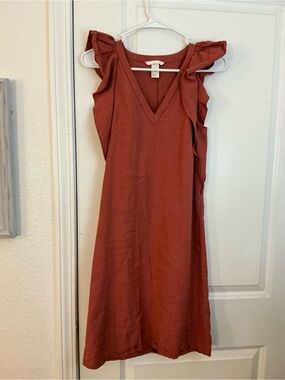 H&M Rust Terracotta Linen Blend Ruffle V-Neck Shift Mini Dress Size 4